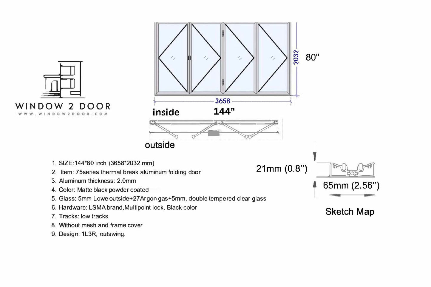 Aluminum Bifold Doors 144"W x 80"H